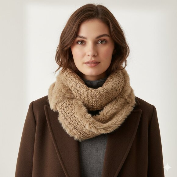 Unbranded Accessories - Women's Tan Fur Scarf Knitted Infinity Neck Warmer Winter Accessories